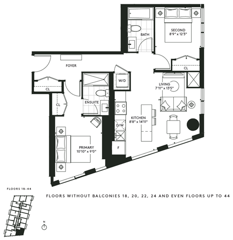 Floor plan for 2 beds, 2 baths, 794 sqft